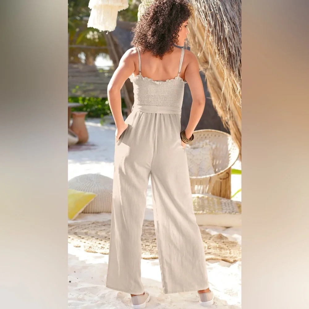 VENUS Smocked Linen Jumpsuit w. Pockets | Cream | Size 8 - Picture 3 of 9